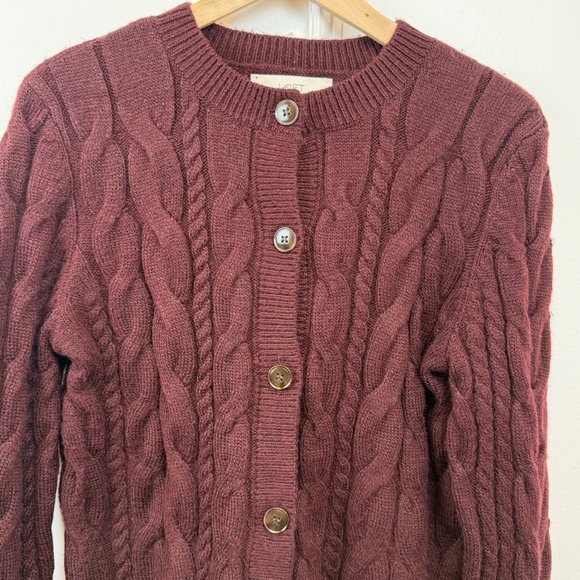 Loft Burgundy Cable Knit Cardigan Sweater Button Front Womens Medium RN140923 - Picture 2 of 6